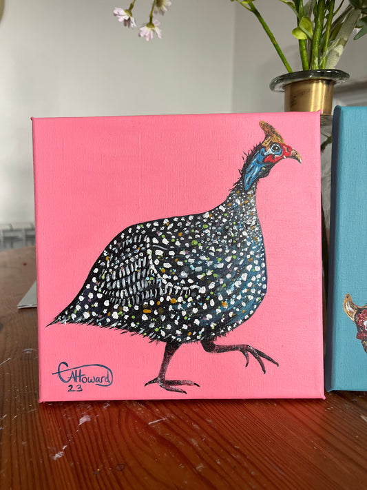 Pink Guinea fowl - original painting 20x20cm