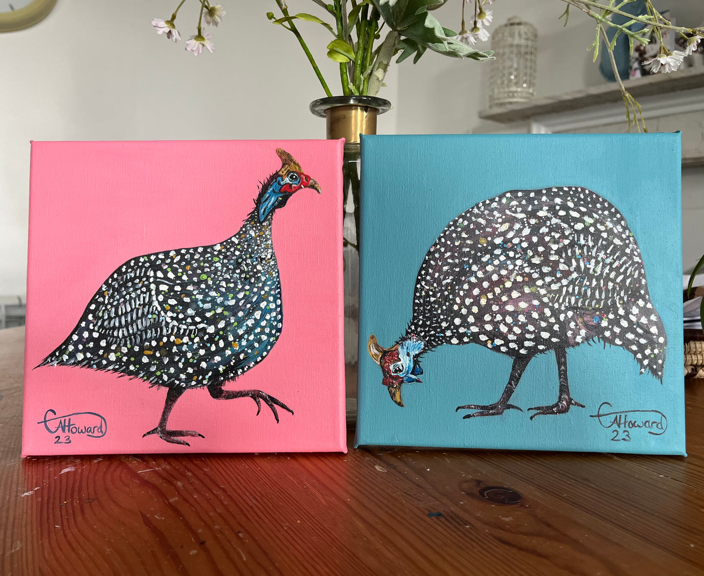 Pink Guinea fowl - original painting 20x20cm