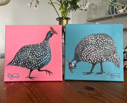 Pink Guinea fowl - original painting 20x20cm