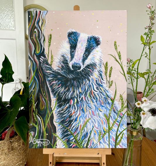 Barry the Badger - Hand embellished, limited edition, canvas print